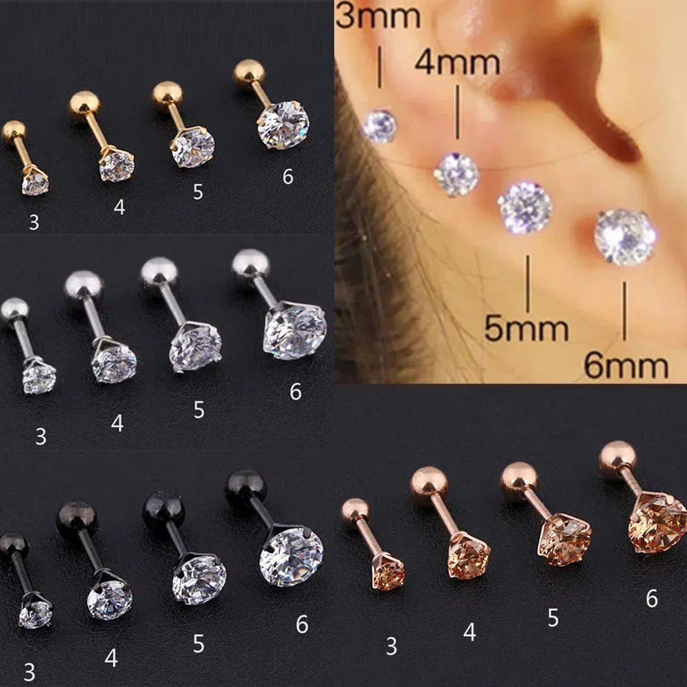 Metal Color: Light Yellow Color, Main Stone Color: black - 1Pc Small Round Cz Tragus Cartilage Titanium Steel 16G 4 Prong Ear Stud Earrings Tragus Helix Piercing Jewelry Sexy Body Jewelry
