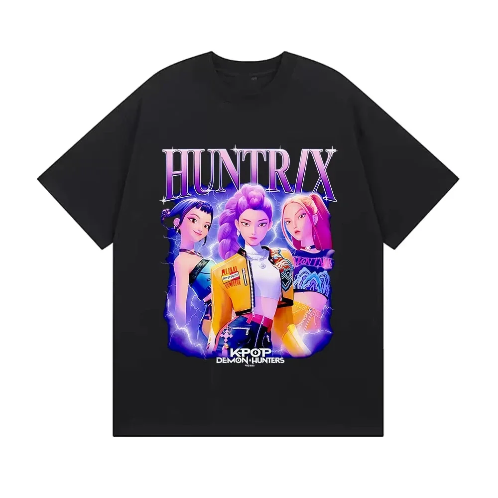 Color: black, Kid Size: 2T - Summer Huntrix Kpop Demon Hunters Graphics Cool Printed Girls Boys T Shirts High Quality Fashion Causal Tee Cotton Children Tops