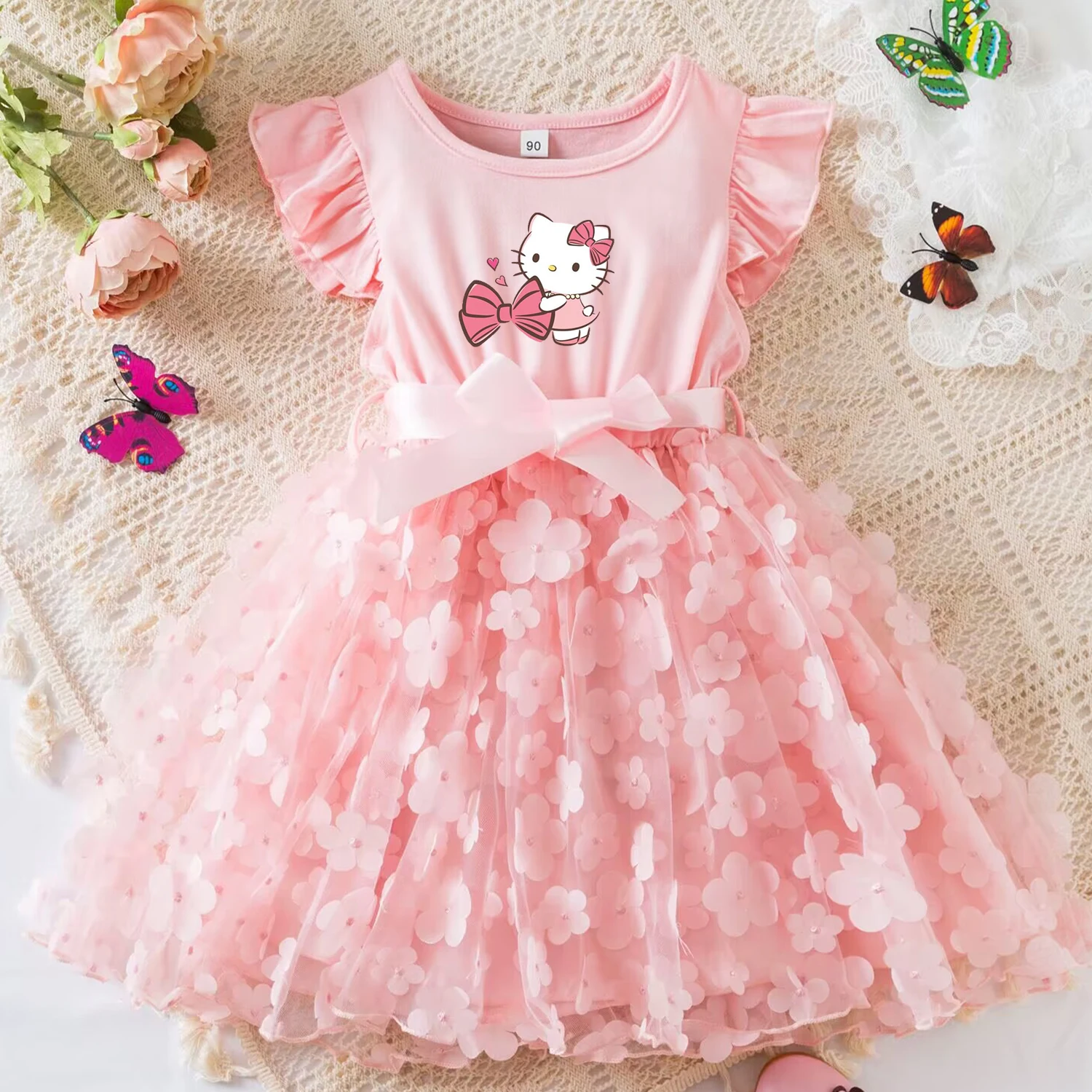 Color: PURPLE, Size: M - Hello Kitty Summer Dress for Kid's Casual Clothes 3D Butterfly Cute Baby Girls Princess Dress Party Dresses 2-6 Yrs