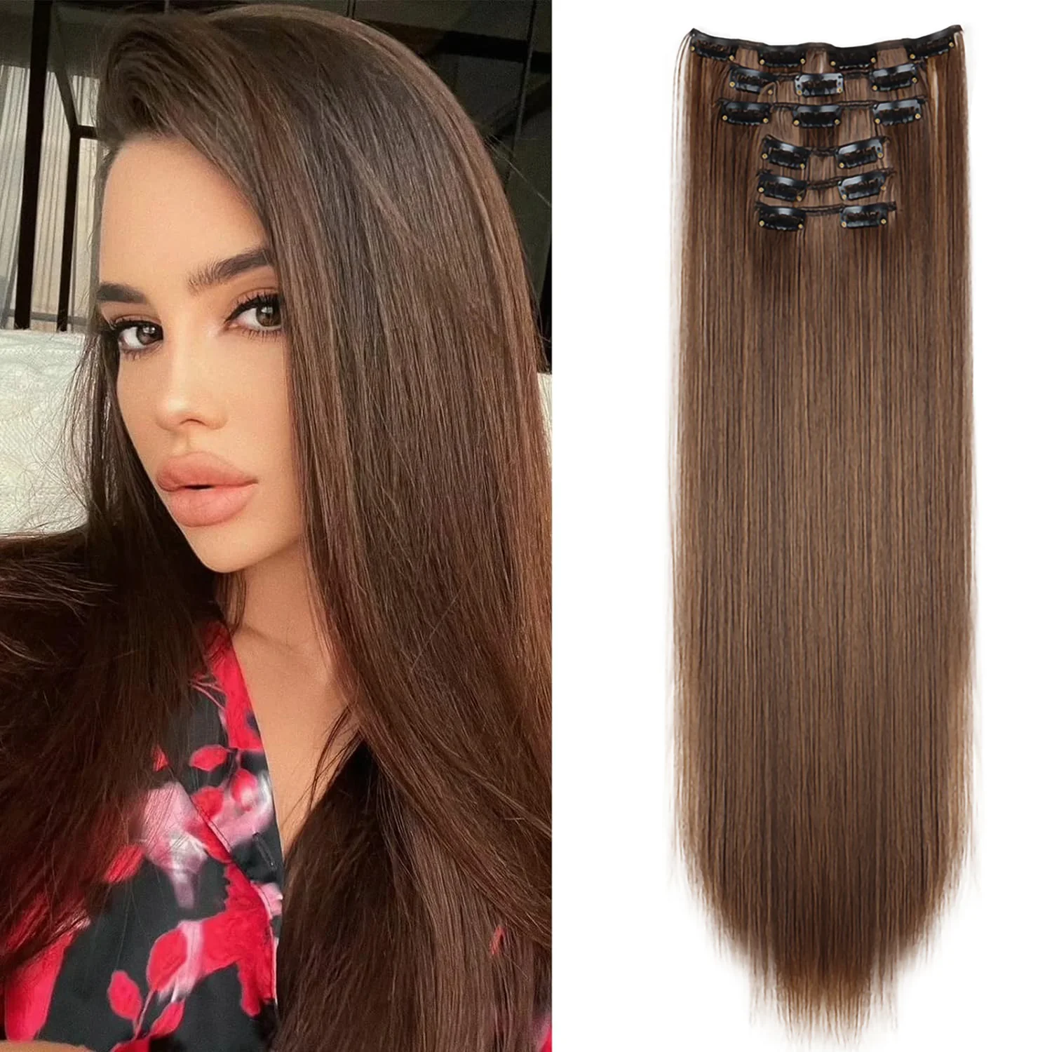 Color: 4/27HL, Stretched Length: 24inches - 24Inch 16 Clips in Hair Extensions Long Straight Hairstyle Synthetic Blonde Black Hairpieces Heat Resistant False Hair Daily Use