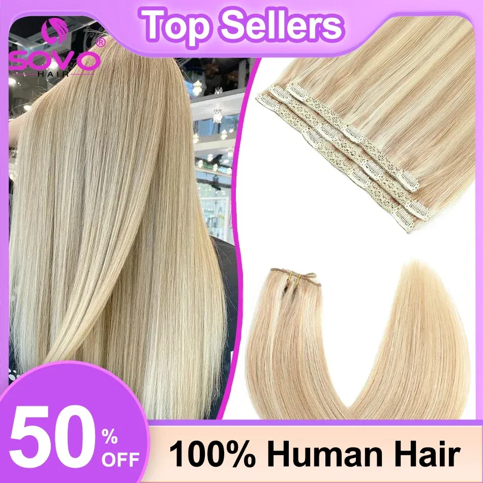 Color: #1, Length: 16inches - SOVO Clip In Hair Extensions Human Hair 3 Pieces Bone Straight Clip Ins Hair Extension 60-90G Real Natural European Hair 12-26"