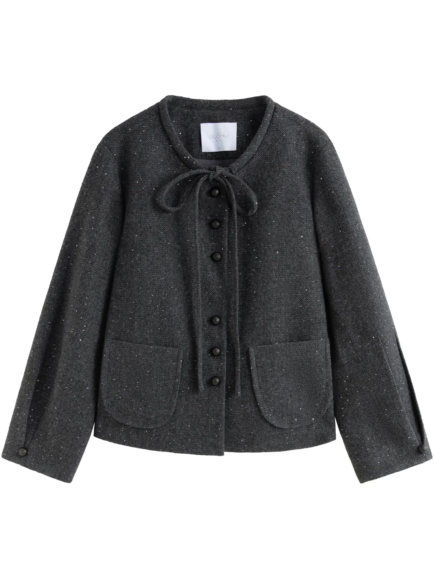 Color: GRAY, Size: XL - DUSHU 27.7% Wool Women Grey Short Jackets Sequins Design Female Round Neck Front Shoulder Woolen Coats 24DS84647