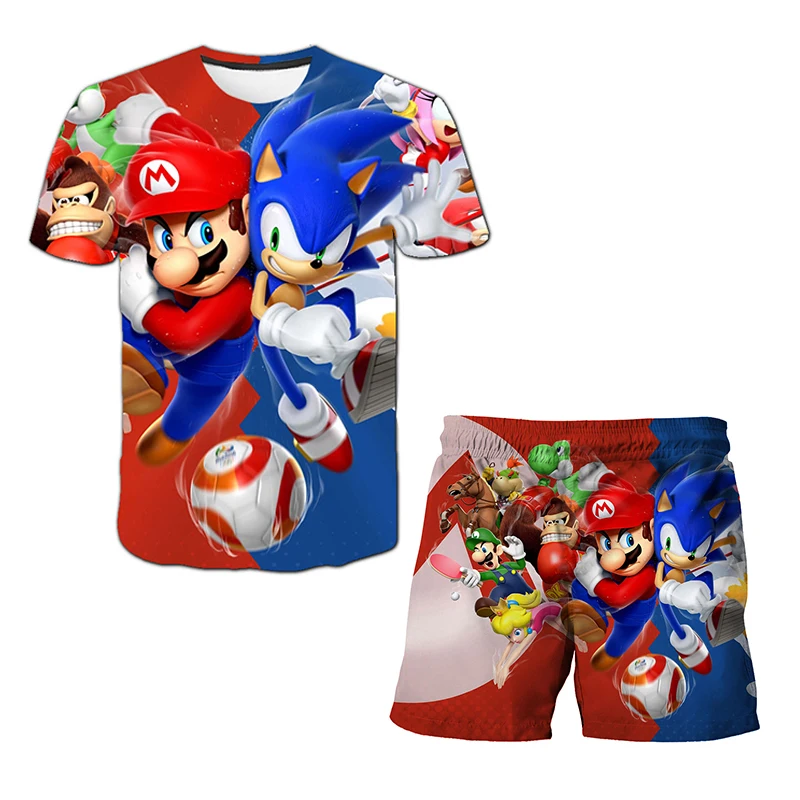 Color: Gold, Size: 12cm - New Japanese cartoon Sonic T-shirt children's top T-shirt shorts two-piece set summer boy cartoon cute T-shirt+beach pants