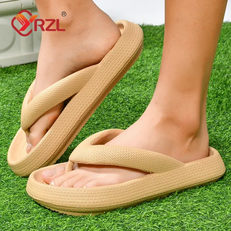 Color: Gold, Shoe Size: 45 - YRZL Flip Flops Men Soft Sole Platform 2024 Summer Beach Non Slip Women Slippers Coulple Thick Sole Bathroom Slides Sandals