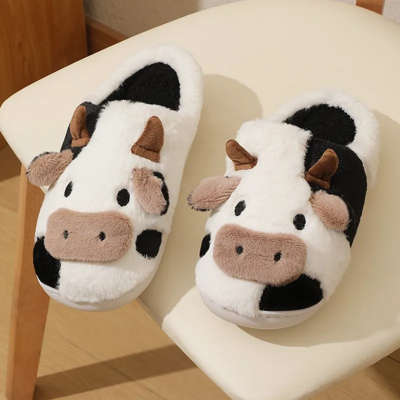 Color: black, Shoe Size: 43 - New Winter Unisex Cartoon Cow Warm Plush Slippers Couple's Indoor Non-slip House Mule Men And Women Toe Wrap Home Cotton Shoes