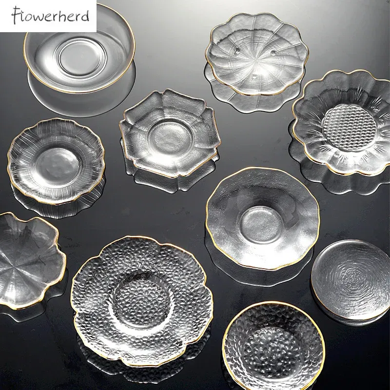 Color: Light Grey - Japanese Style Round Insulated Glass Tea Mat Saucer Teaware Creative Kung Fu Tea Set Cup Holder Phnom Penh Saucer