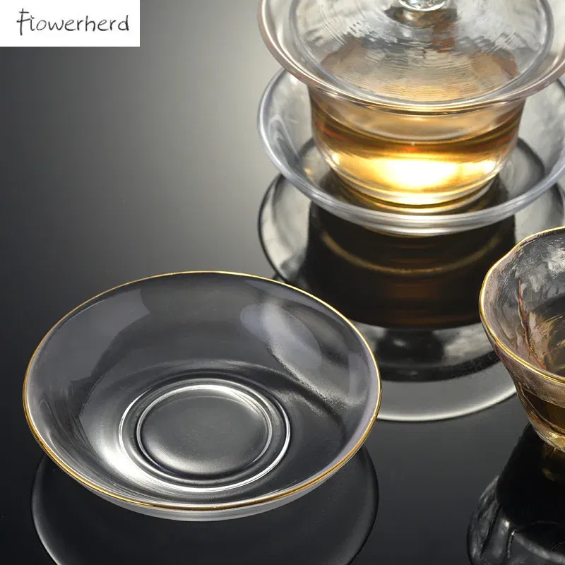 Color: Light Grey - Japanese Style Round Insulated Glass Tea Mat Saucer Teaware Creative Kung Fu Tea Set Cup Holder Phnom Penh Saucer