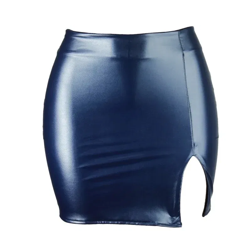Color: Blue, Size: L - S M L XL XXL Women's Skirt High Waist Split  Leather Skirt Wrap Hip Skirt Plus Size Pencil Skirt