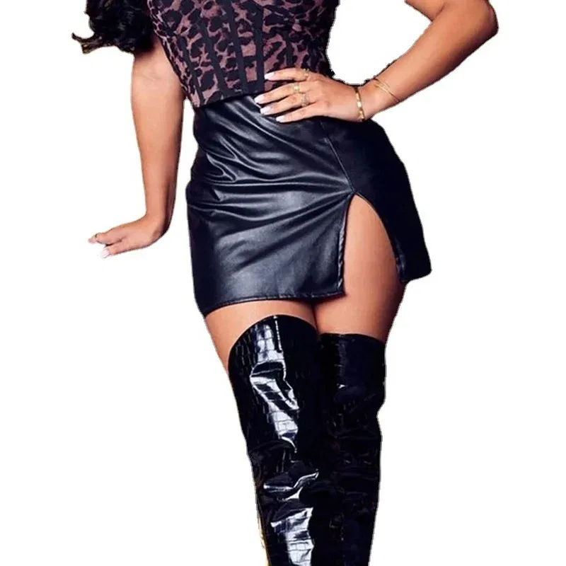 Color: Blue, Size: L - S M L XL XXL Women's Skirt High Waist Split  Leather Skirt Wrap Hip Skirt Plus Size Pencil Skirt