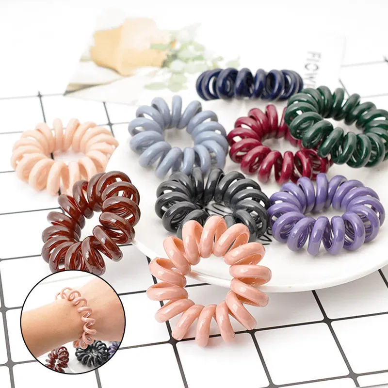 Color: green - High Elasticity Telephone Coil Hairbands Women Spiral Hair Ties Girl Hair Ring Rope Solid Color Hair Accessories Ponytail Holder