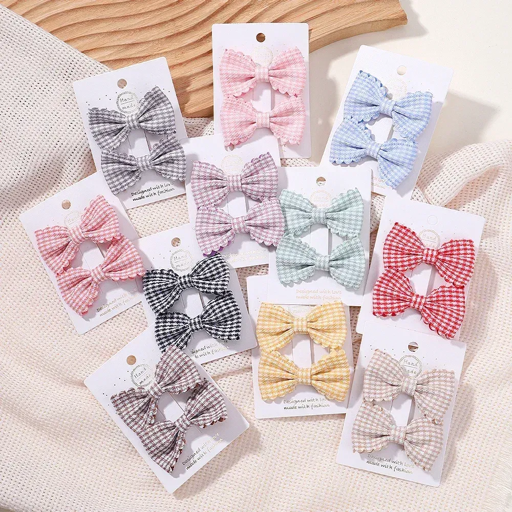 Color: Gold - 2Pcs/Set Solid Color Kids Bows Hair Clips for Baby Girls Handmade Plaid Bowknot Hairpin Barrettes Photograph Hair Accessories