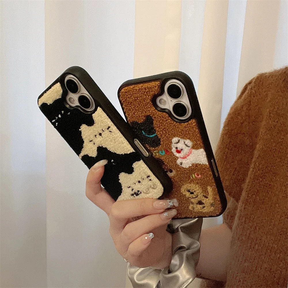 Color: Blue, Material: Acrylic - Luxury Cartoon Embroidery Cute Dog Cats Colorful Dots Phone Case For iPhone 13 14 15 16 Pro Max Plush Winter Shockproof Cover