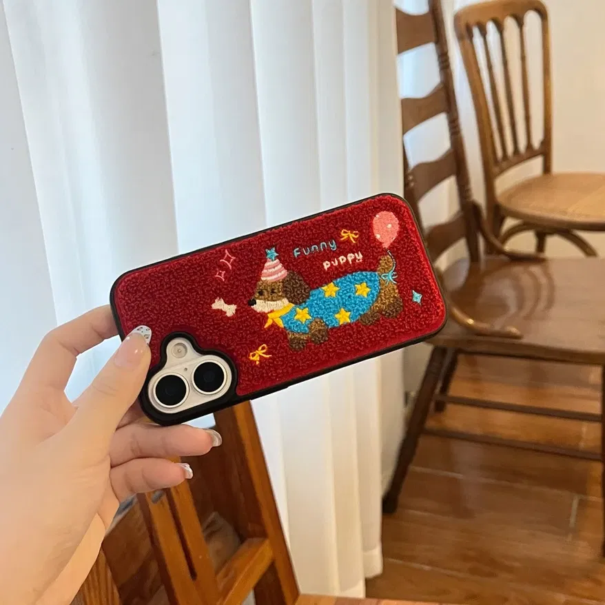 Color: Blue, Material: Acrylic - Luxury Cartoon Embroidery Cute Dog Cats Colorful Dots Phone Case For iPhone 13 14 15 16 Pro Max Plush Winter Shockproof Cover