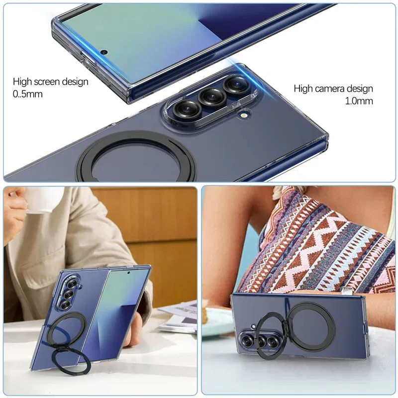 Color: green, Compatibility by Model: Galaxy Z Fold7 - 360?° Rotating Magnetic Holder Phone Case For Samsung Galaxy Z Fold 7 Magsafe Wireless Charging Transparent Hard Shockproof Cover