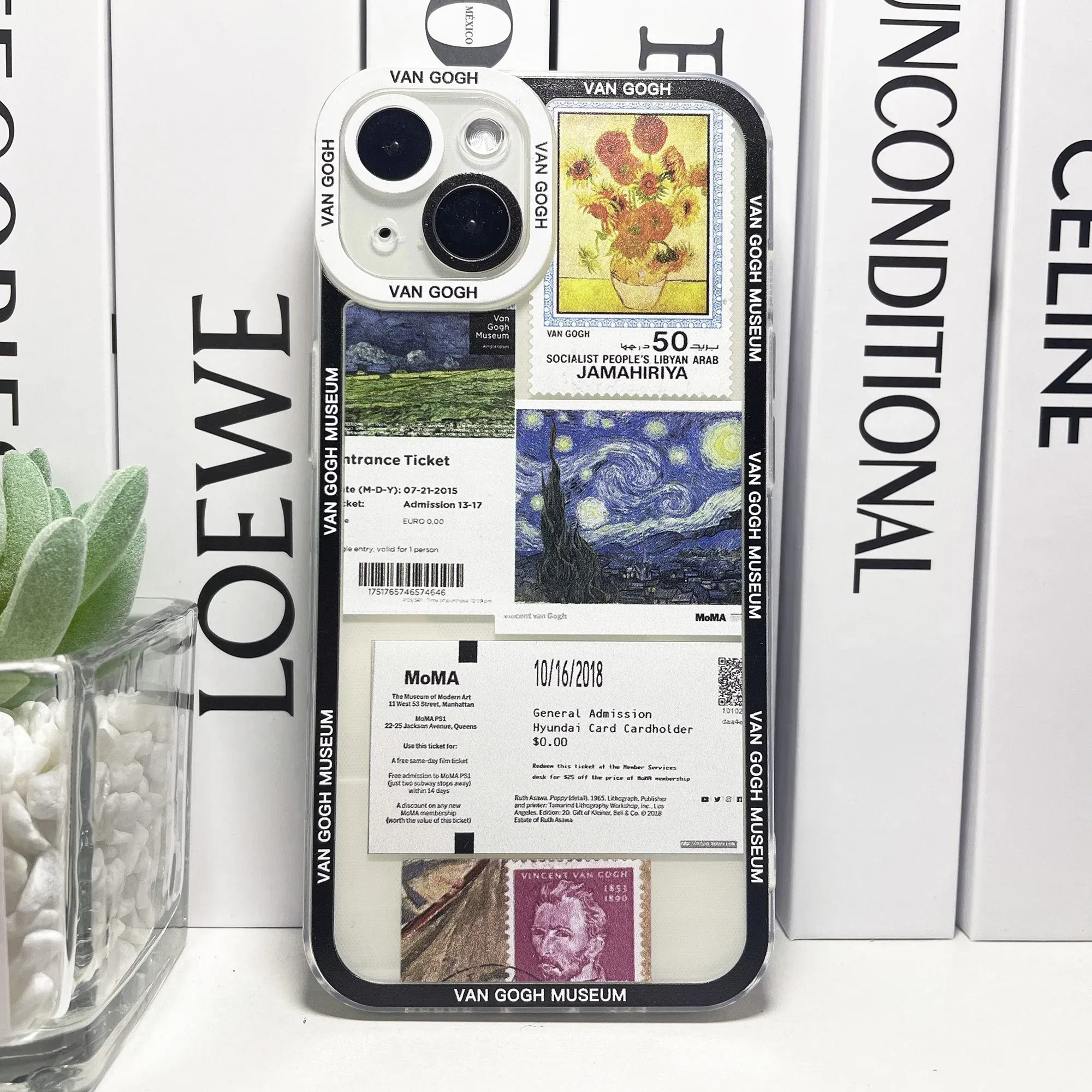 Color: Blue, Material: Silicon - Van Gogh David Museum Tickets Stickers Collage Art Phone Case For iPhone 14 13 12 11 Pro Max Mini XS X XR SE 7 8 Plus Soft Cover