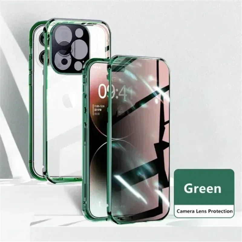 Color: green, Material: PVC - Double-Sided Privacy Magnetic Case For iPhone 16 12 13 14 15 11 Pro Max 14 Plus 16 Plus Anti Peeping Full Cover Metal Frame Case