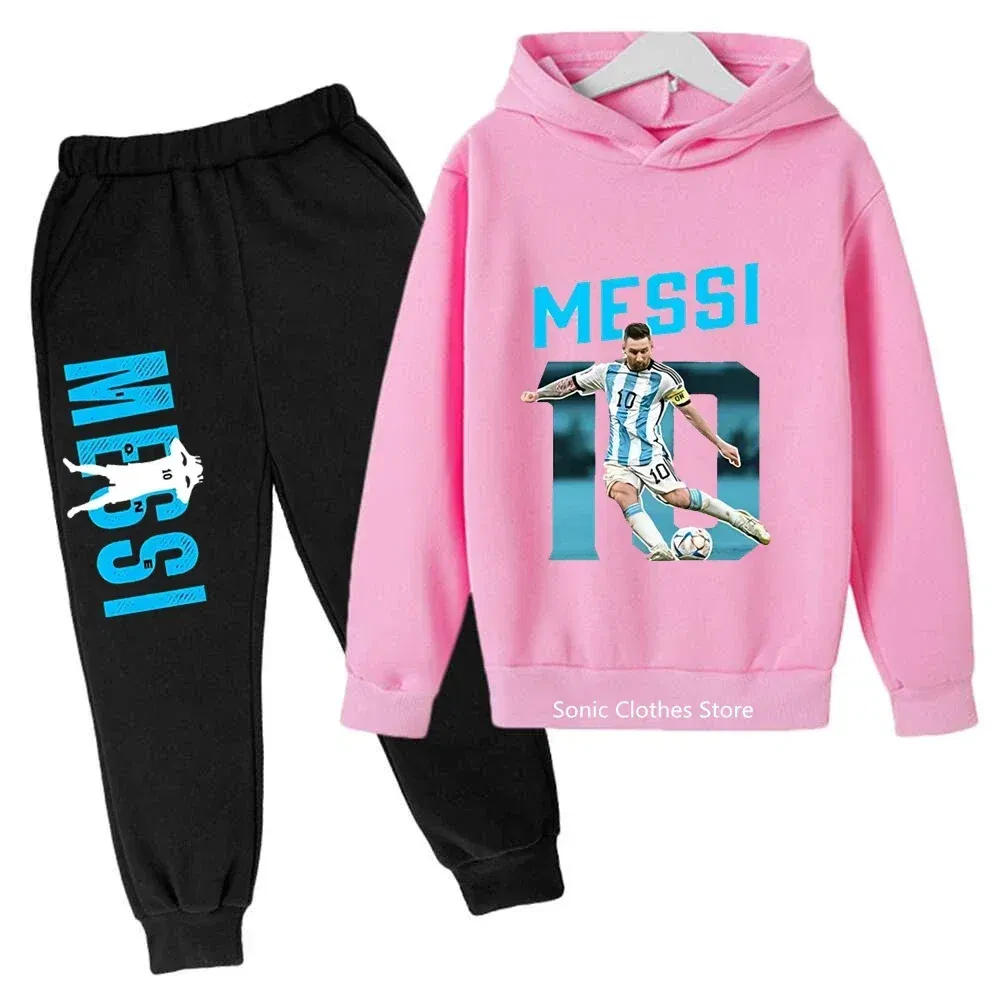 Color: Pink, Kid Size: 3T - messi avatar printed children's clothing children's autumn and winter hoodies pants 2-piece casual boys and girls suits