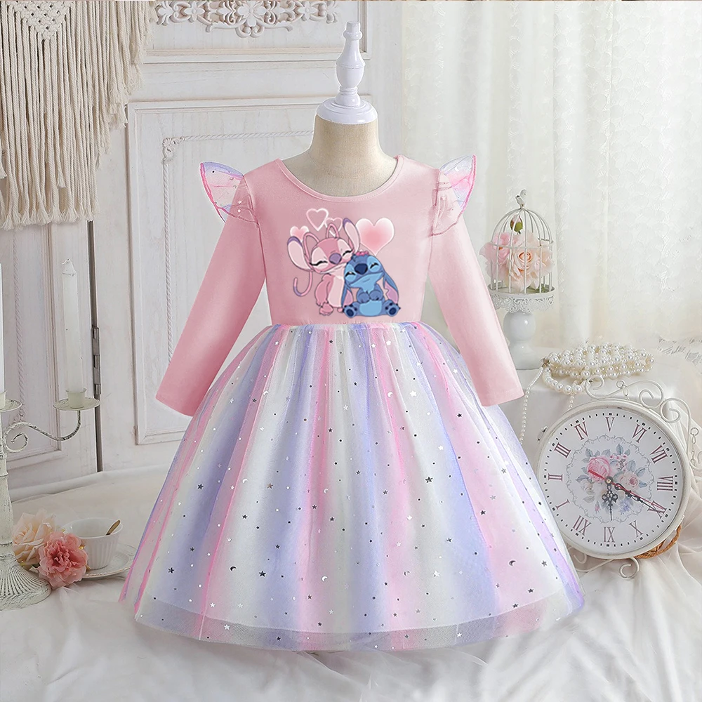 Color: Beige, Kid Size: 6 - Stitch Princess Dress Autumn New Disney Baby Girls Dress Spring Autumn Long-sleeved For Children Kids Clothes Birthday Party