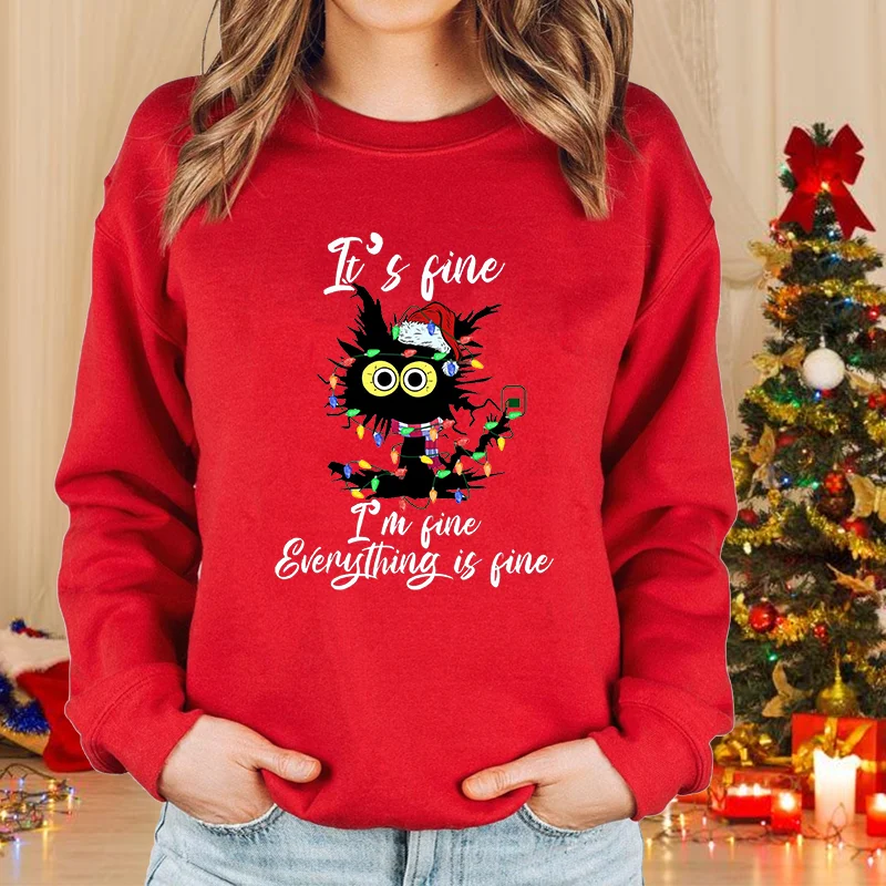 Color: Dark Brown, Size: M - New fashion women's Christmas cat sweater long-sleeved round neck pullover sweater fall and winter Christmas women's tops