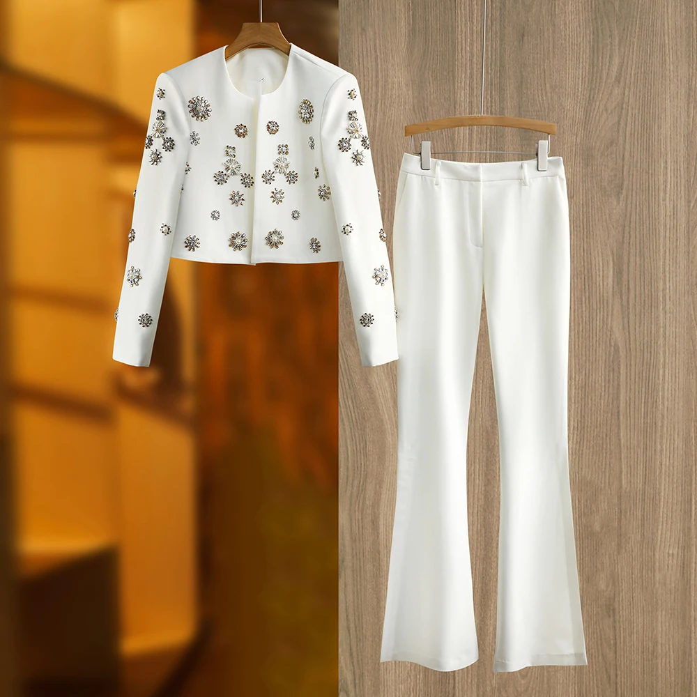 Color: WHITE, Size: L, Ships From: CHINA - Luxury Design Handmade Spark Rhinestone Women 2PCS Pants Suits Short Jacket Wide-leg Trousers High Street White Twin Sets