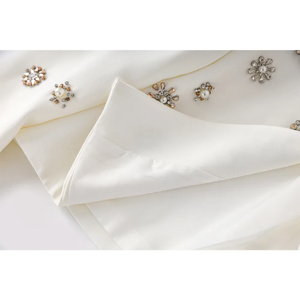 Color: WHITE, Size: L, Ships From: CHINA - Luxury Design Handmade Spark Rhinestone Women 2PCS Pants Suits Short Jacket Wide-leg Trousers High Street White Twin Sets