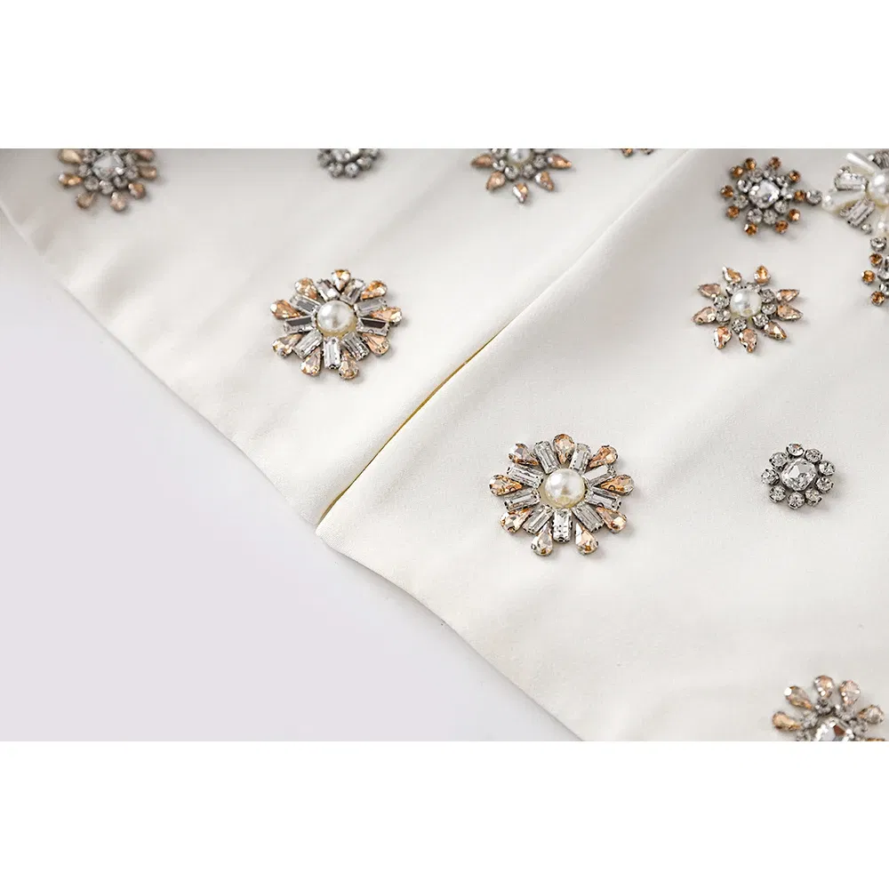 Color: WHITE, Size: L, Ships From: CHINA - Luxury Design Handmade Spark Rhinestone Women 2PCS Pants Suits Short Jacket Wide-leg Trousers High Street White Twin Sets