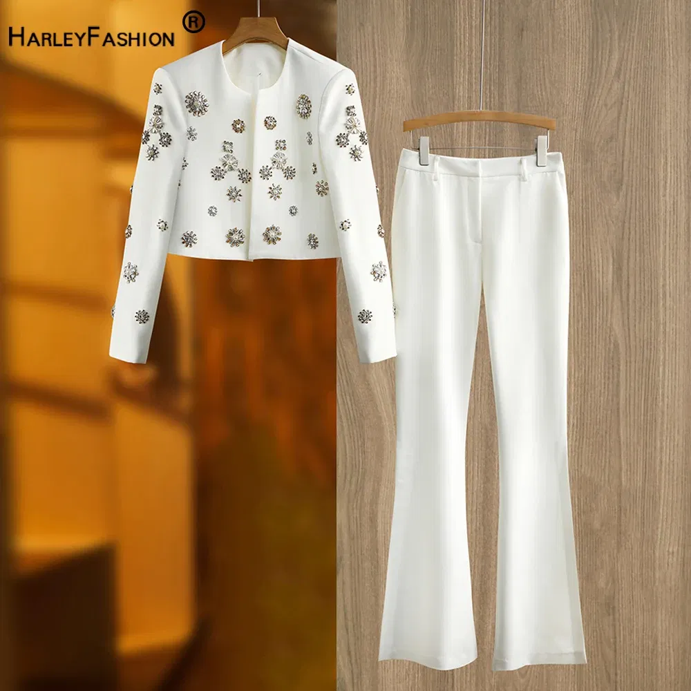 Color: WHITE, Size: L, Ships From: CHINA - Luxury Design Handmade Spark Rhinestone Women 2PCS Pants Suits Short Jacket Wide-leg Trousers High Street White Twin Sets