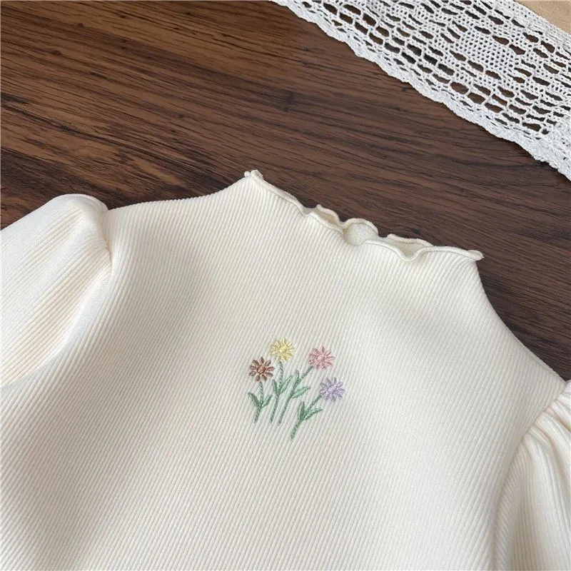Color: black, Kid Size: 11 - Baby Girls Top Winter Kids Warm Thickening Sweater Children Puff Sleeve Flower Embroidery Bottom Shirt 1-6 Years Casual Clothing