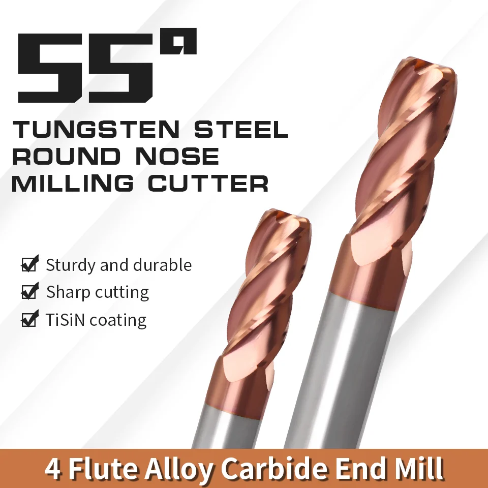 Cutting Edge Diameter: 2.4MM, Dimensions: R1*12d*30H*75L - AUGT HRC55 Carbide Bull Nose End Mill 4Flutes Copper Milling Cutter Alloy Coating Tungsten Steel Cutting Tool For CNC Maching