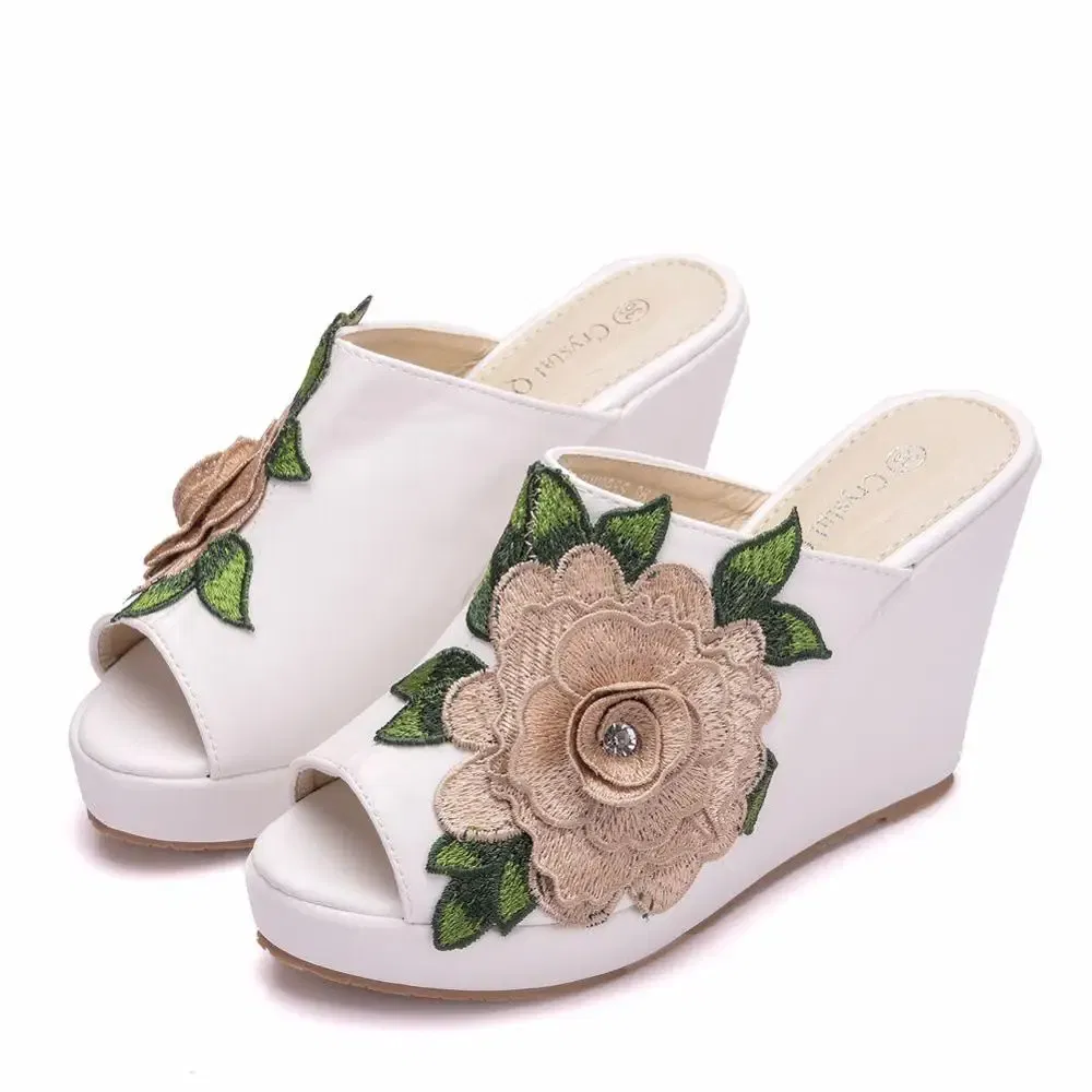 Color: WHITE, Shoe Size: 41 - Crystal Queen Black White Peep Toe Platform Wedges High Heels Slippers Beach Sandals Women Lace Flower