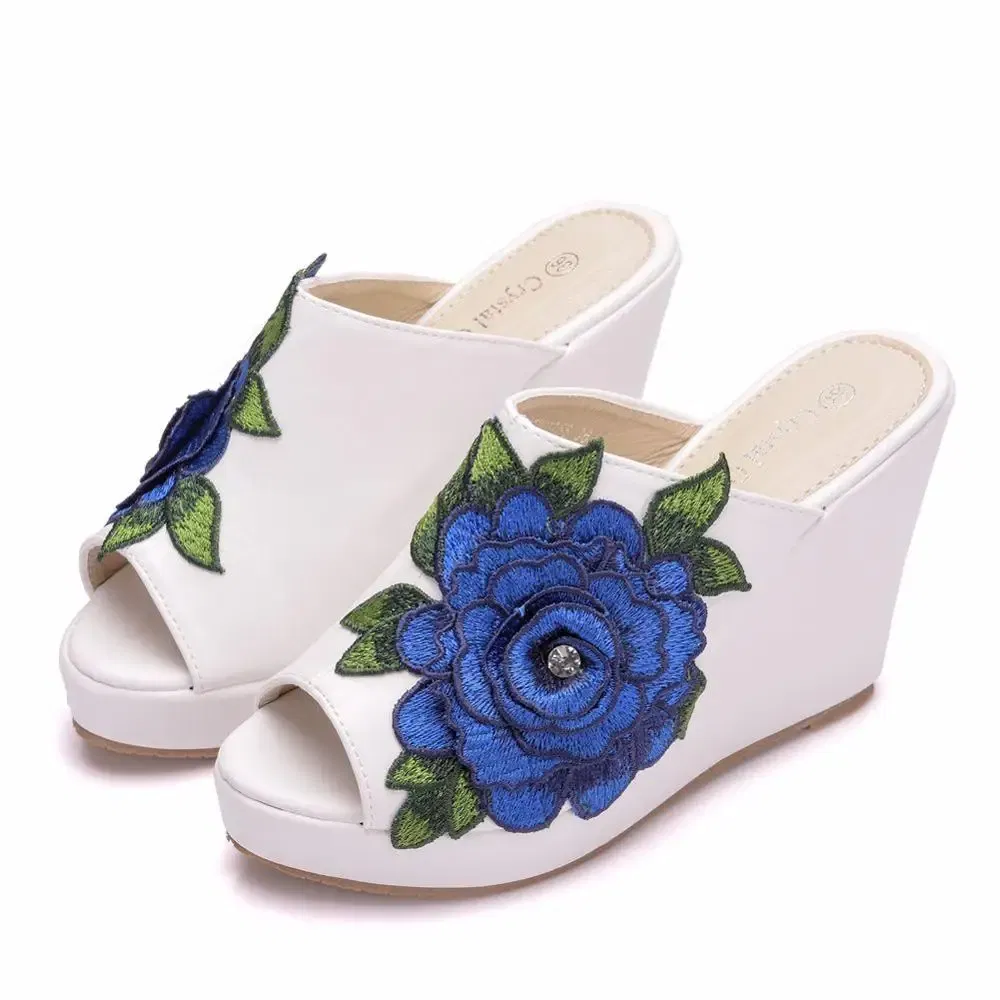 Color: WHITE, Shoe Size: 41 - Crystal Queen Black White Peep Toe Platform Wedges High Heels Slippers Beach Sandals Women Lace Flower