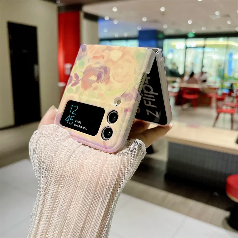 Material: Cotton Fabric, Color: Sky blue - Cute Lazy Cat Deer Oil Painting Z Flip 3 4 5 Case Luxury for Samsung Galaxy Z Flip 4 3 5 Z4 Flip4 Flip3 Flip5 Fashion Cover