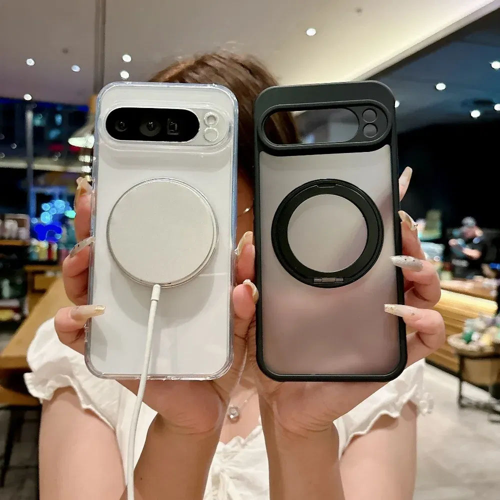 Color: Beige, Compatibility by Model: Google Pixel 8 Pro - for Magsafe Matte Rotating Bracket Case for Google Pixel 10 9 Pro XL 8 7 6 9A 8A 7A 6A Holder Stand Transparent Shockproof Cover