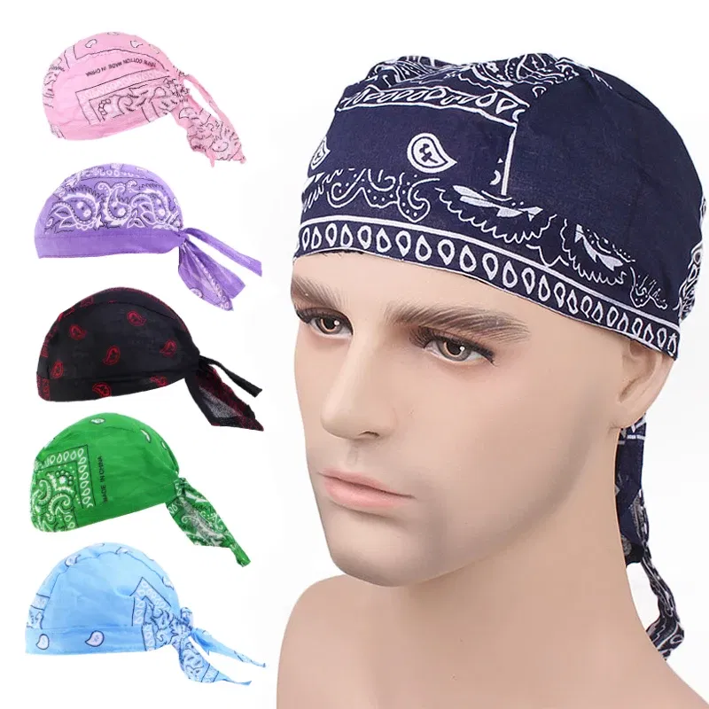 Color: SKY BLUE - Cotton Cycling Pirate Bandana Men Women Headwraps Bike Headband Headcloth Sweat Wicking Beanie Hip-hop Turban Head Scarf