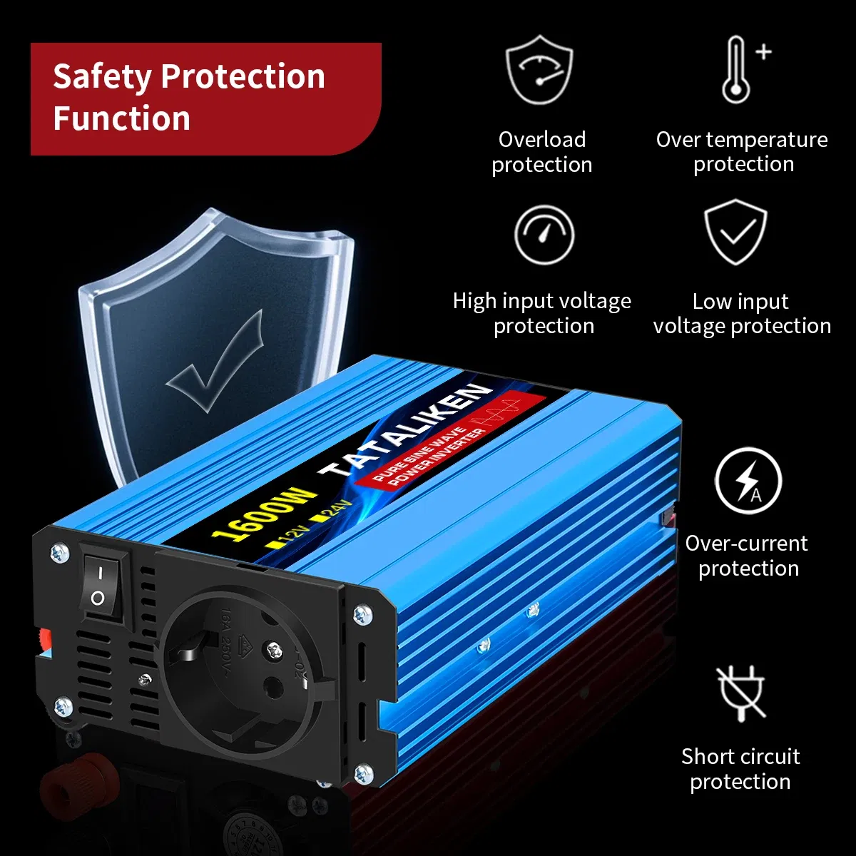 Color Name: Blue - Pure Sine Wave Inverter 1600W/2200W/3000W/4000W DC 12V/24V to AC 220V 50hz Power Inverter Charger Converter Adapter EU Socket