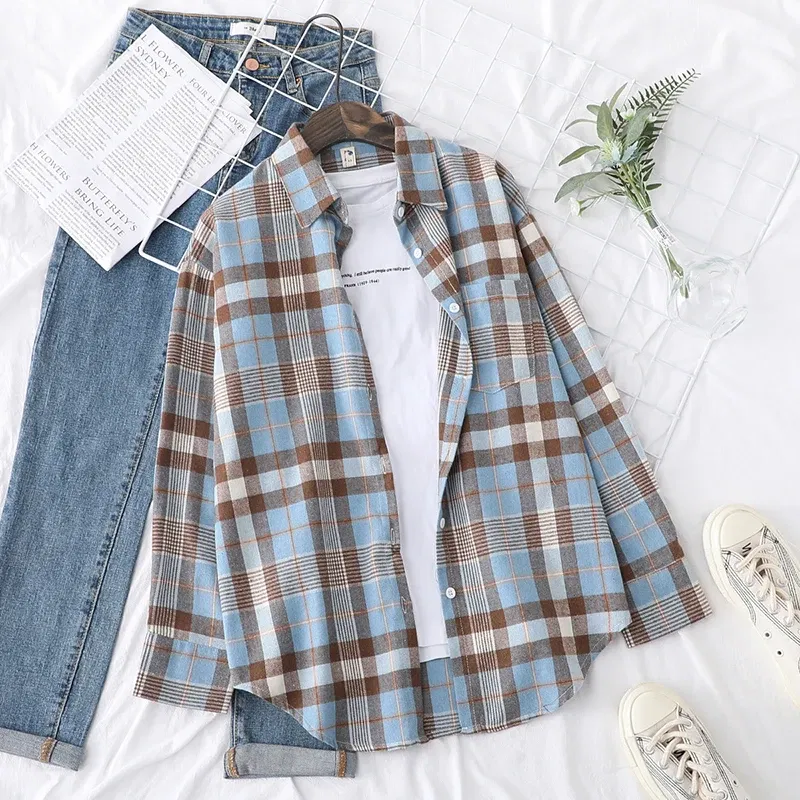 Color: APRICOT, Size: XL - Fresh Flannel Plaid Shirt Women 2025 New Female Blouses and Tops Cotton Loose Long Sleeve Casual Shirts Fine Women's Clothes