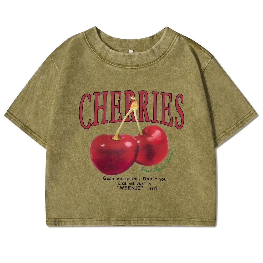 Color: army green, Size: M - Red Cherries Letter Printed Female T-shirt Fashion Summer Washed Clothing Casual Cotton Crop Top Retro Tee Shirts For Women