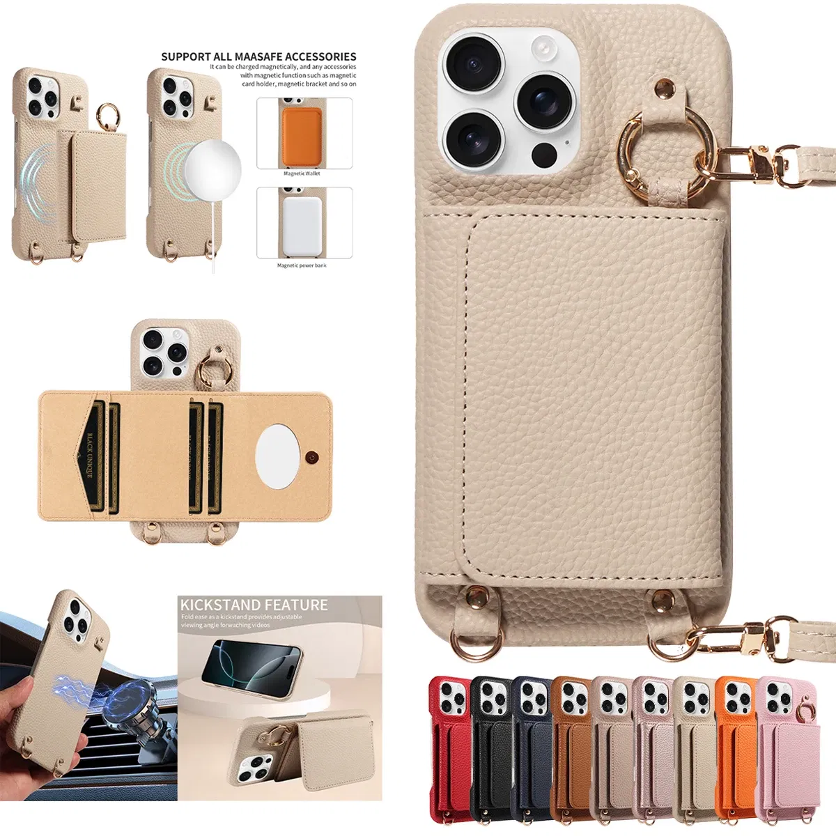 Color: Gold, Bundle: Case & Strap, Material: Artificial Leather, Compatibility by Model: iPhone 14 - For IPhone16 15 Pro Max 14 13 12 Series PU Leather Magsafe Magnetic Wireless Charging Shockproof Crossbody Wallet Phone Case