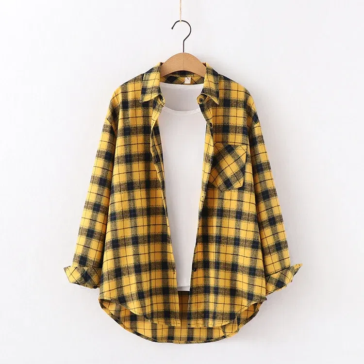 Color: Ginger, Size: XL - Fresh Flannel Plaid Shirt Women 2025 New Female Blouses and Tops Cotton Loose Long Sleeve Casual Shirts Fine Women's Clothes