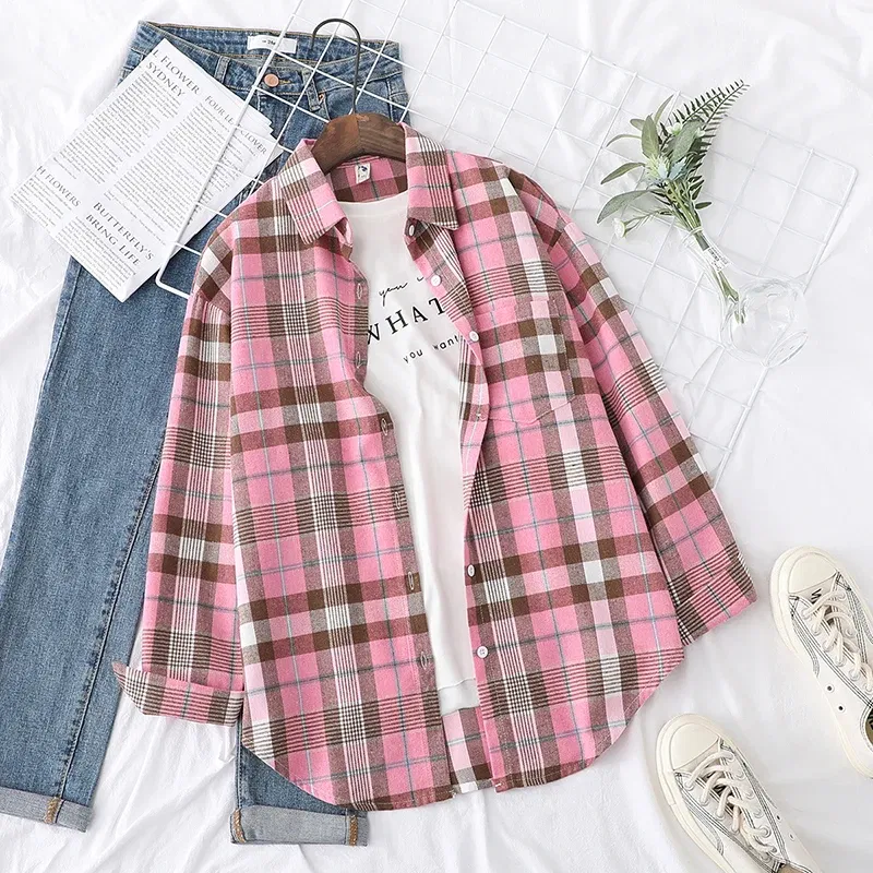 Color: Ginger, Size: XL - Fresh Flannel Plaid Shirt Women 2025 New Female Blouses and Tops Cotton Loose Long Sleeve Casual Shirts Fine Women's Clothes