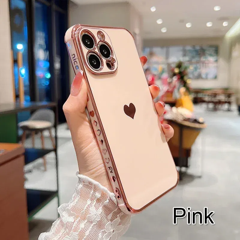Color: Khaki, Compatible-Phone Models: For iPhone 12, Ships From: CN - Electroplating Side Love Heart Phone Case For IPhone 16 15 14 13 12 11 Pro Max XR 8 Plus SE2/SE3 Shockproof Back Cover