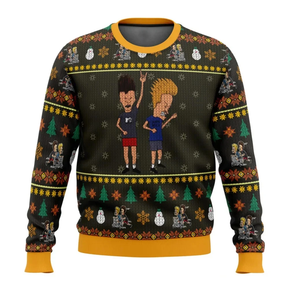 Color: Blue, Size: XXXL - Xmas Rock Beavis and Butthead Ugly Christmas Sweater Cartoon Anime Women Men Pullover Tops New Fashion Couple Hoodie Sweatshirt