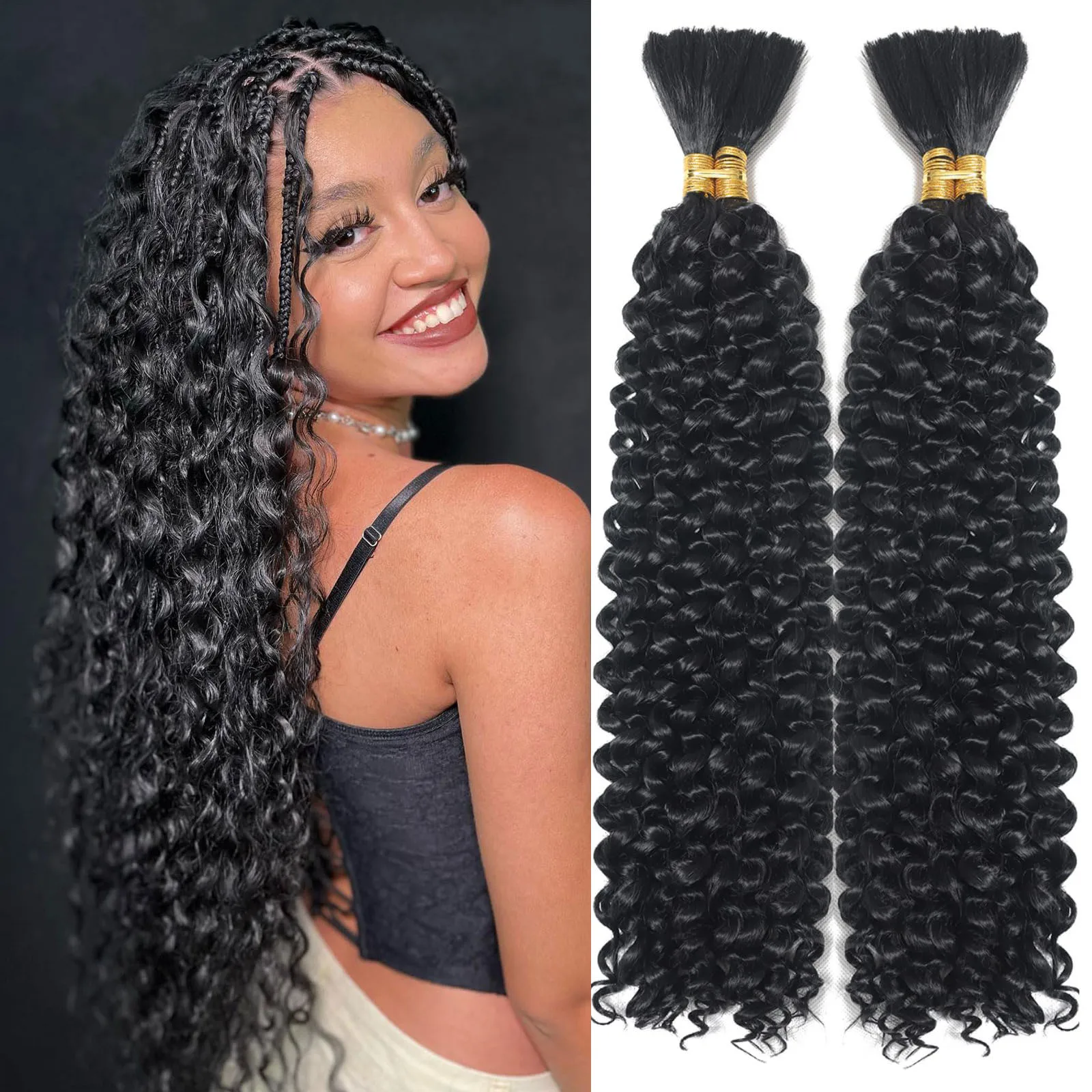 Color: Natural Color, Material Grade: virgin hair, Stretched Length: 16inches, Bulk Buy: 6pcs/lot - Bulk hair braiding Water Wave Bulk 18 inch human hair Boho braids with for knotless box or curly loose wave