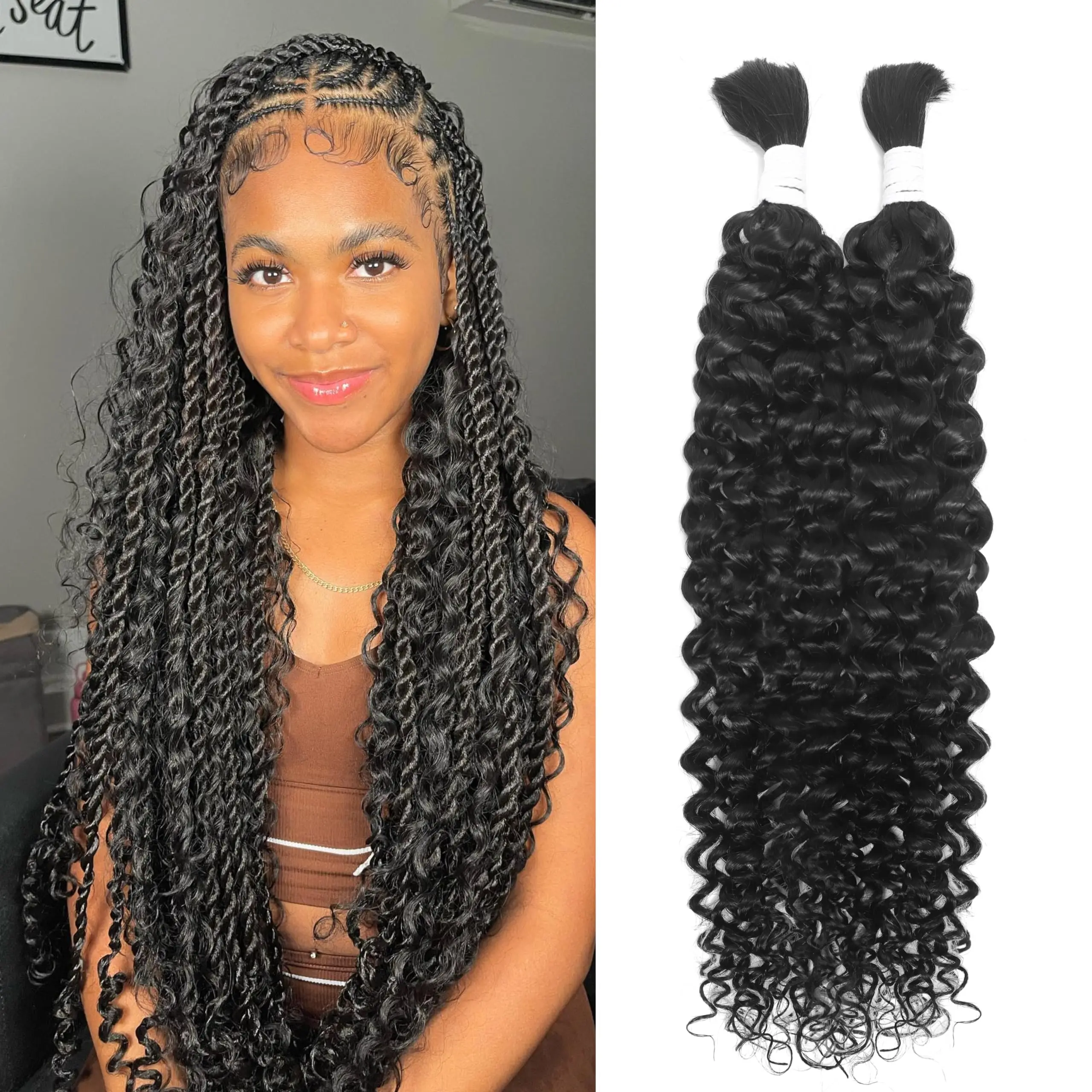 Color: Natural Color, Material Grade: virgin hair, Stretched Length: 16inches, Bulk Buy: 6pcs/lot - Bulk hair braiding Water Wave Bulk 18 inch human hair Boho braids with for knotless box or curly loose wave