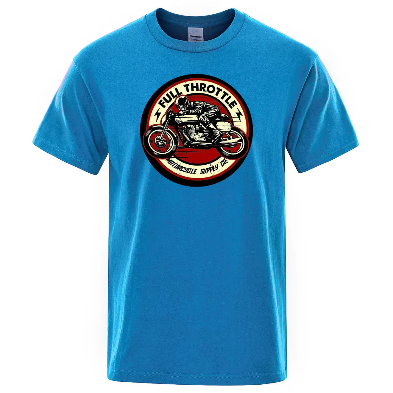 Color: SKY BLUE, Size: L - Full Throttle Cafe Racer Rockabilly Biker Printed T-Shirt Men Fashion Casual Short Sleeve Loose Cotton Tshirt Summer Loose Tees