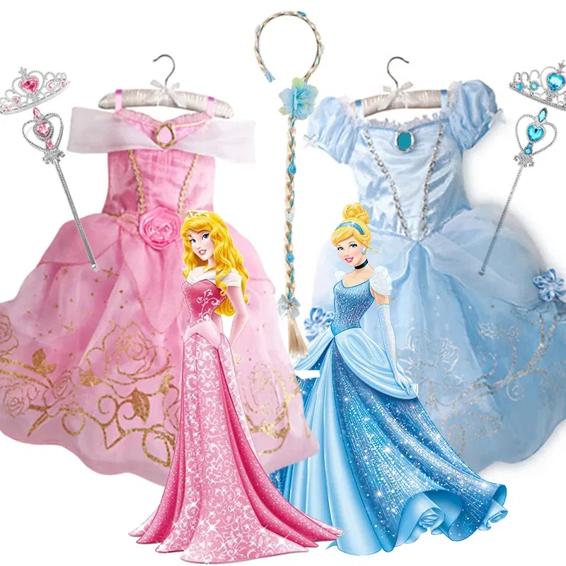 Color: Orange, Kid Size: 4T - Children Halloween Disguise Aurora Cinderella Disney Princess Costume Festival Dress up Kids Girls Sleeping Beauty Frock 1-12Yrs