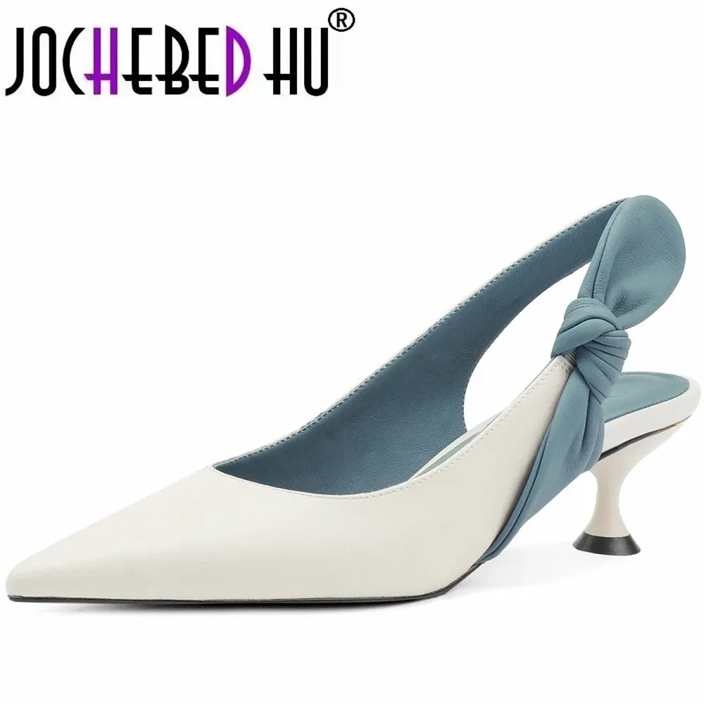 Color: Blue, Shoe Size: 36 - 【JOCHEBED HU?‘Summer Genuine Leather Shoes Women Pointed Toe Thin Heel Sandals Brand Slingback Knot Sandals Big Size 33-42