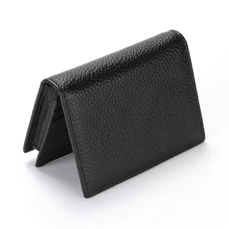Color: Coffee - NEW 2024 Genuine Leather Wallet Ultra-thin Fold Unisex Purse Credit Card ID VIP Bank Slim Bag Simple Business Card Holders