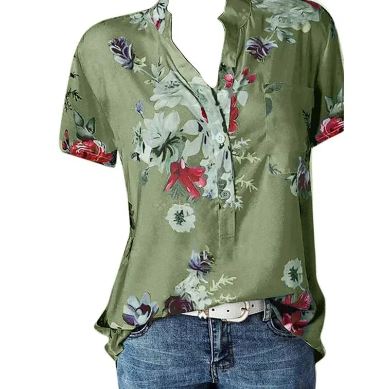 Color: Dark Grey, Size: S - Temperament new women's shirt printing large size casual shirt loose V-neck short-sleeved shirt blouse