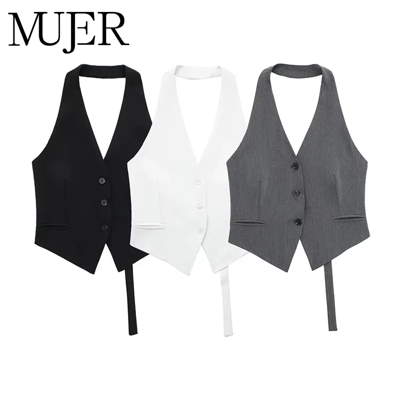 Color: GRAY, Size: M - MUJER Off Shoulder Sleeveless Vest Women Black White Cropped Vest Woman Fashion Backless V Neck Short Coats Summer Waistcoat
